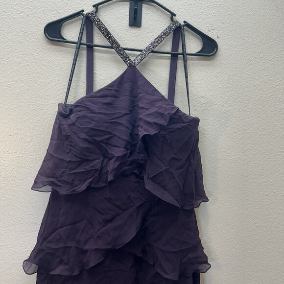 Daymor Couture 3451 Embellished Halter Layered Evening Dress Purple Silk SZ 10 - Picture 3 of 12